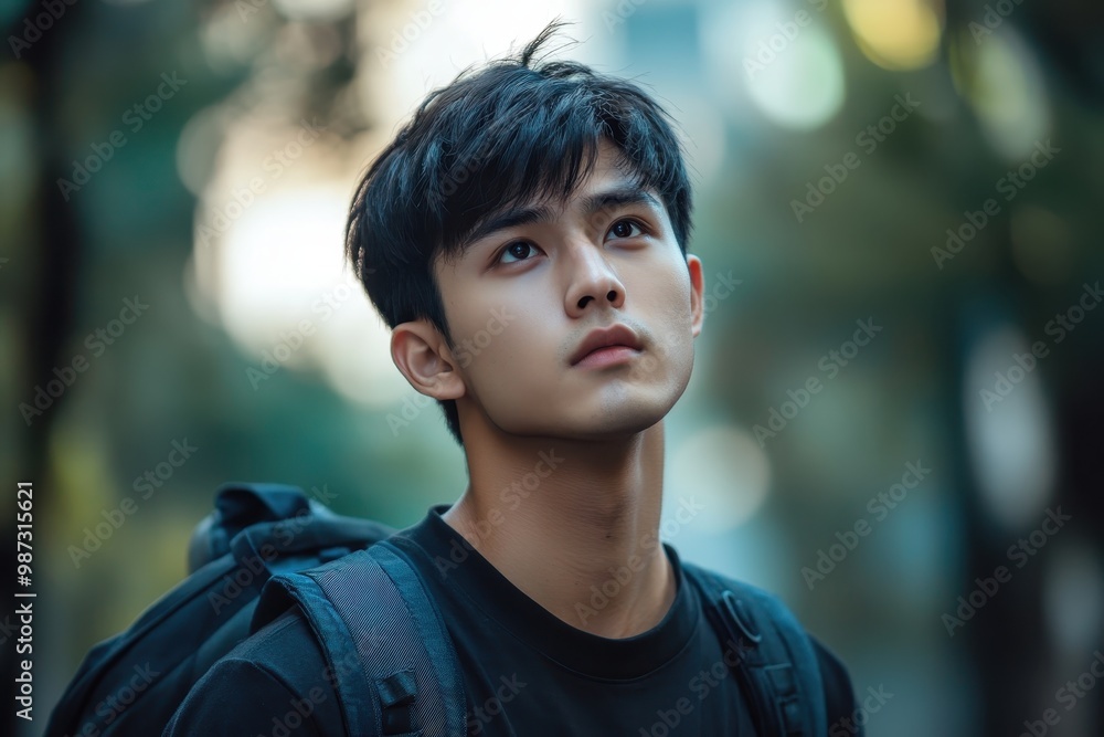 Serene East Asian Man Walking in Park to Reduce Anxiety and Stress, Mental Health and Wellbeing Concept Serene East Asian Man Walking in Park to Reduce Anxiety and Stress, Mental Health and Wellbeing Concept
