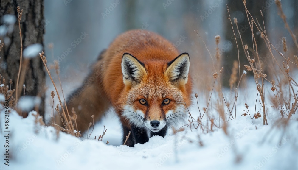 Obraz premium Red fox walking through snowy forest, looking directly at camera