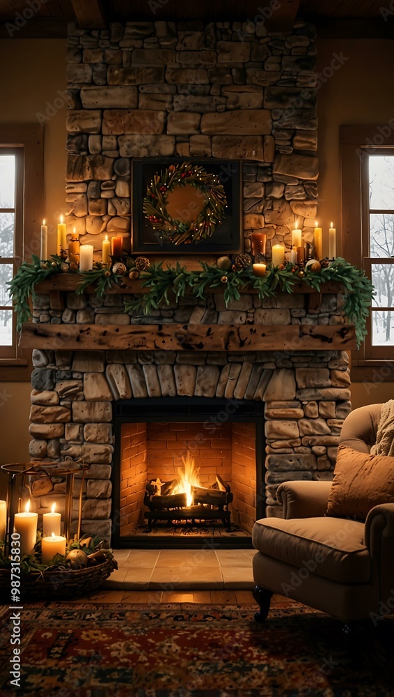 A cozy fireplace scene decorated for the winter holidays, radiating warmth. A cozy fireplace scene decorated for the winter holidays, radiating warmth.