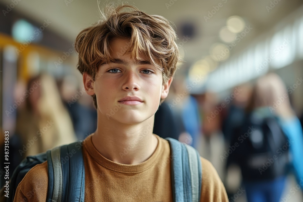 Fototapeta premium Overcoming Anxiety: Teenage Boy Managing Stress in Crowded School Hallway