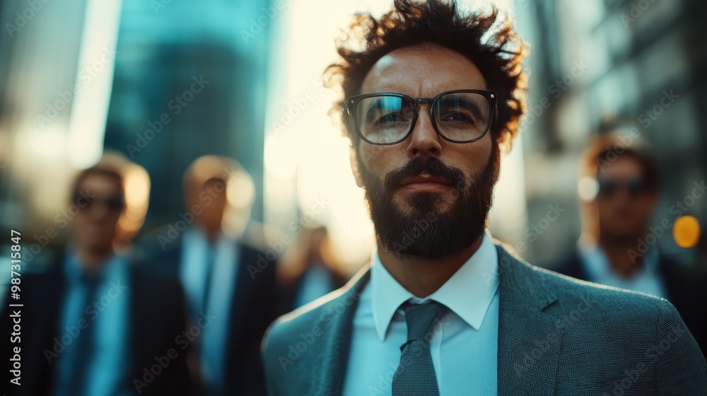 A bearded man in a suit stands with confidence in front of a cityscape. The sunlight highlights his modern style and professional demeanor. A bearded man in a suit stands with confidence in front of a cityscape. The sunlight highlights his modern style and professional demeanor.