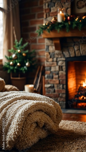 A cozy fireplace scene decorated for the winter holidays, radiating warmth.