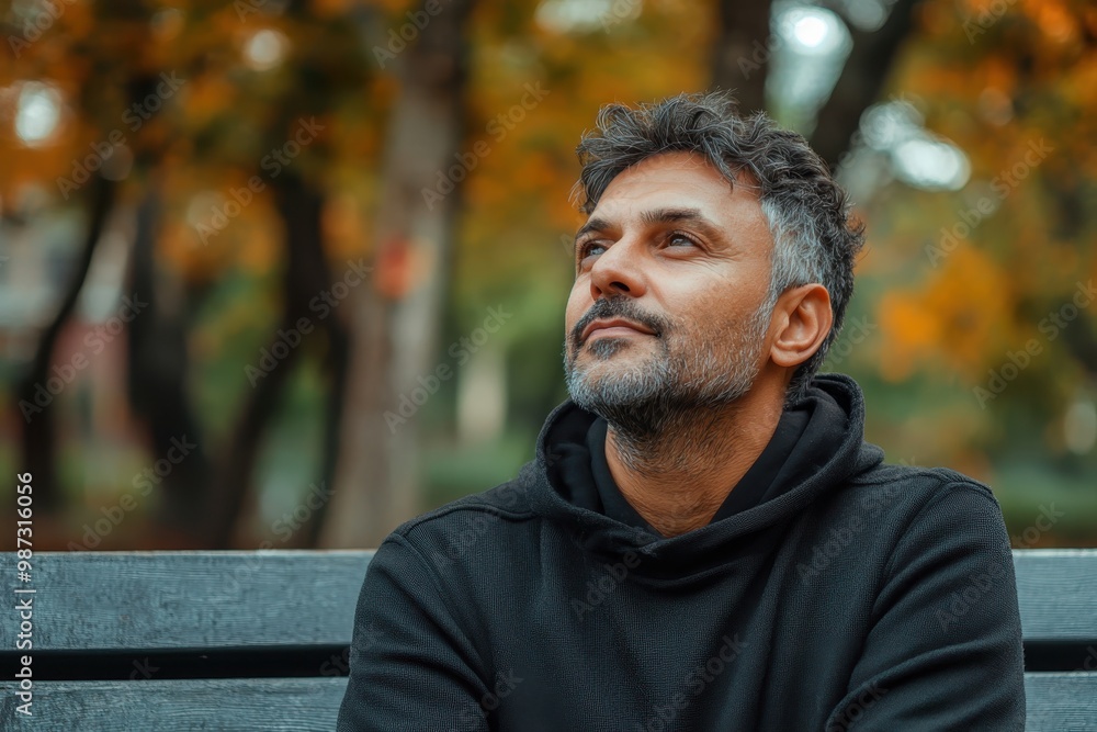 Serene Middle-Aged South Asian Man Practicing Mindfulness on Park Bench for Anxiety Relief Serene Middle-Aged South Asian Man Practicing Mindfulness on Park Bench for Anxiety Relief