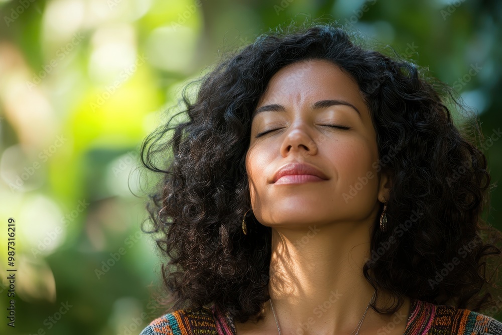 Inner Peace: Hispanic Middle-Aged Woman Calming Anxiety with Deep Breaths Inner Peace: Hispanic Middle-Aged Woman Calming Anxiety with Deep Breaths