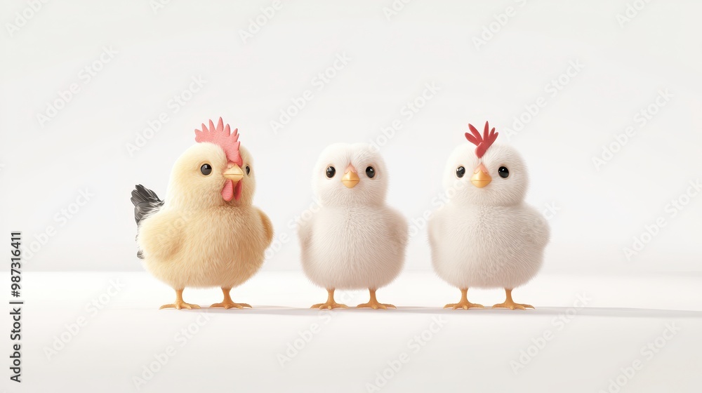 Three fluffy cartoon chicks stand together on a light background, showcasing a playful and whimsical design. Three fluffy cartoon chicks stand together on a light background, showcasing a playful and whimsical design.