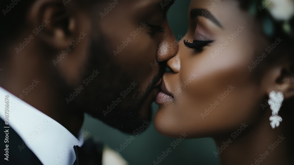 Elegant close-up shot of a couple in formal wedding attire, focusing on their expressions and detailing, capturing the essence and beauty of their special day. Elegant close-up shot of a couple in formal wedding attire, focusing on their expressions and detailing, capturing the essence and beauty of their special day.