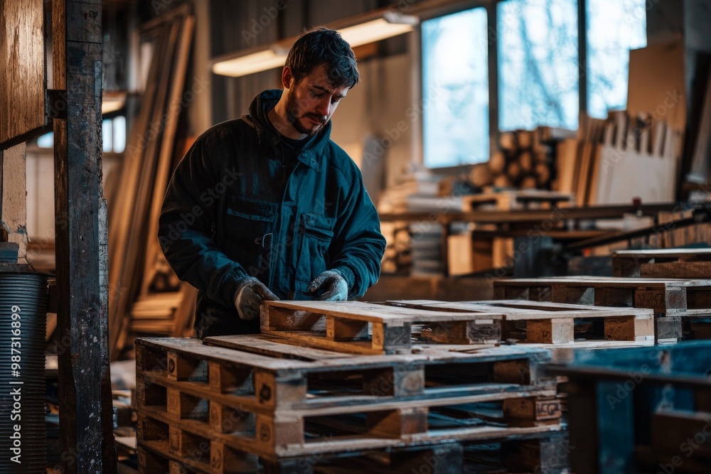 A local craftsman turning old wooden pallets into new furniture, showcasing the creativity and sustainability of upcycling. A local craftsman turning old wooden pallets into new furniture, showcasing the creativity and sustainability of upcycling.