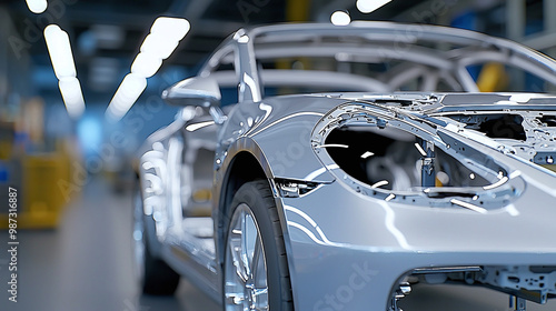 an automotive production line featuring the frame and body of a car, emphasizing the intricate details of the metal structure