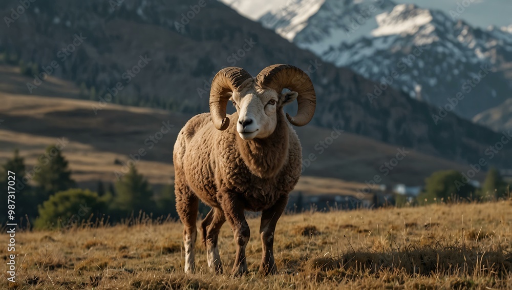 A four-horned ram stands in a field with mountains behind. A four-horned ram stands in a field with mountains behind.