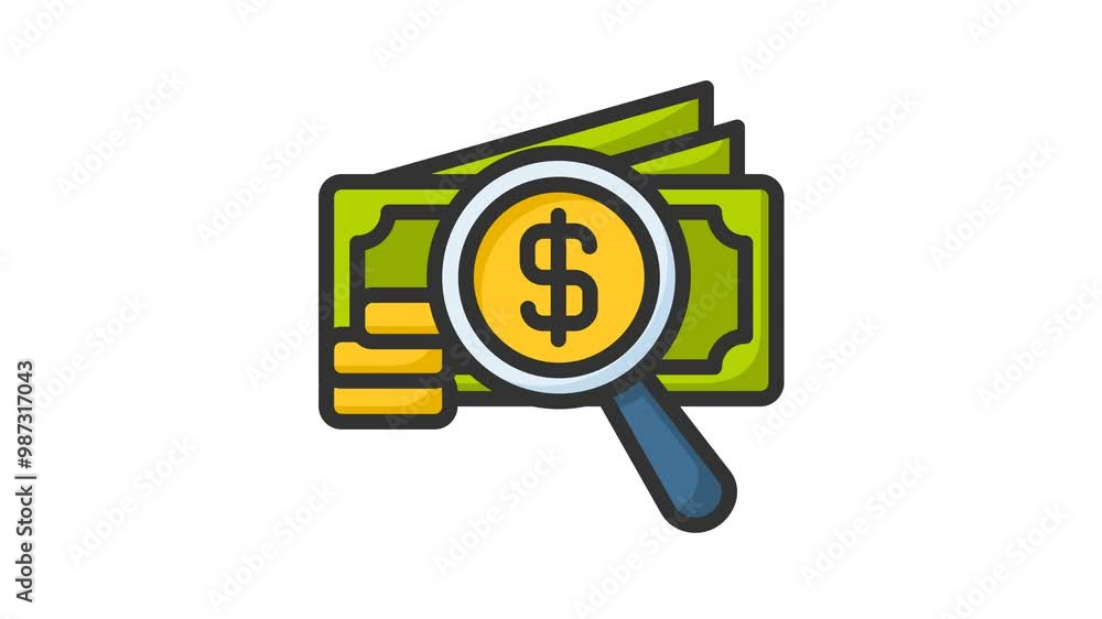 Animated money search with magnifying glass, dollar sign, stack bills, coins. Suitable for financial investigation or moneyrelated concepts in design projects Animated money search with magnifying glass, dollar sign, stack bills, coins. Suitable for financial investigation or moneyrelated concepts in design projects