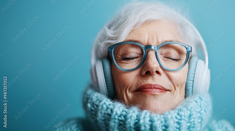 An individual enjoying a moment of relaxation, wearing blue headphones and a knitted blue sweater, fostering a sense of calm and comfort in a harmonious environment. An individual enjoying a moment of relaxation, wearing blue headphones and a knitted blue sweater, fostering a sense of calm and comfort in a harmonious environment.