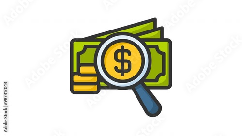 Animated money search with magnifying glass, dollar sign, stack bills, coins. Suitable for financial investigation or moneyrelated concepts in design projects photo