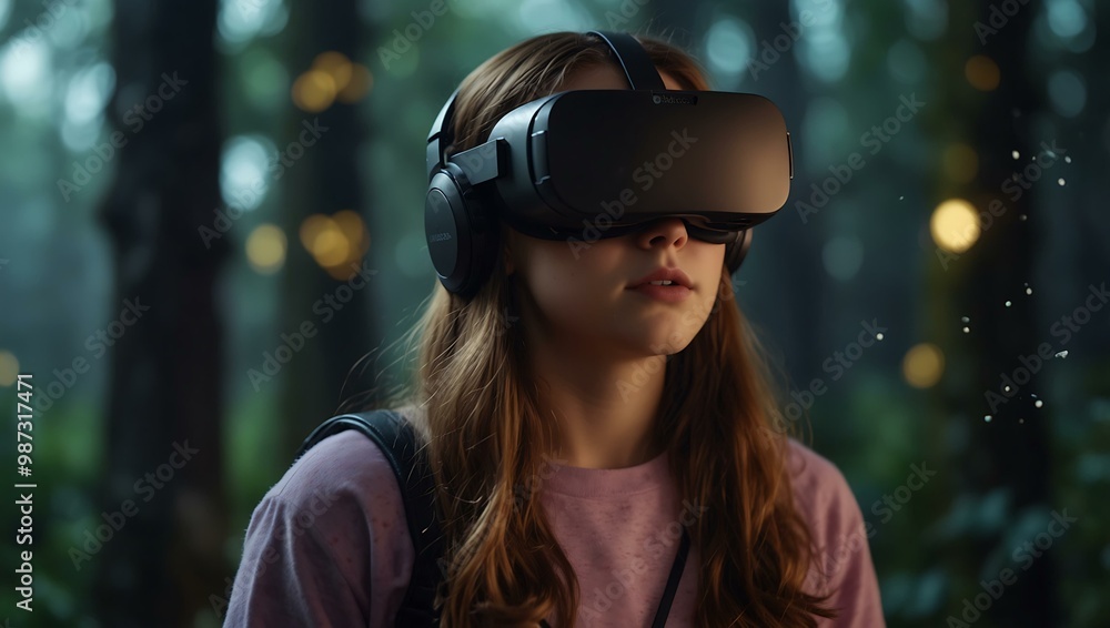 A girl experiences virtual reality in a magical environment. A girl experiences virtual reality in a magical environment.