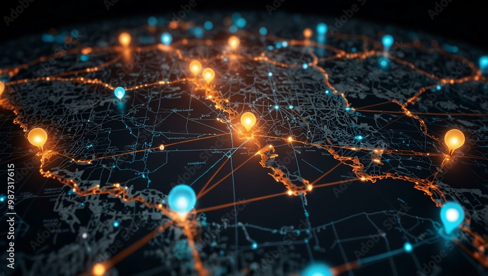 A glowing digital map with location pins and connected routes. A glowing digital map with location pins and connected routes.