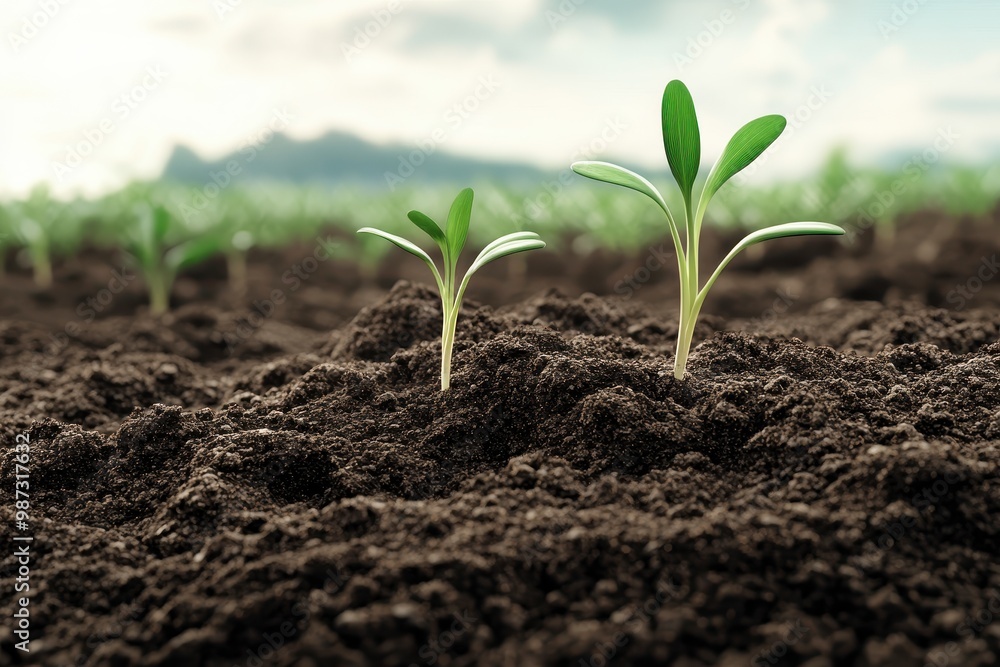 Fresh green seedlings emerging from dark soil against a blurred background of mountains, symbolizing growth and new beginnings. Fresh green seedlings emerging from dark soil against a blurred background of mountains, symbolizing growth and new beginnings.