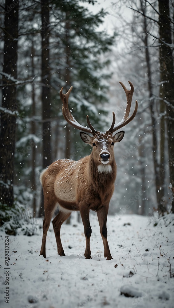 A graceful reindeer in a snowy forest with falling snowflakes. A graceful reindeer in a snowy forest with falling snowflakes.