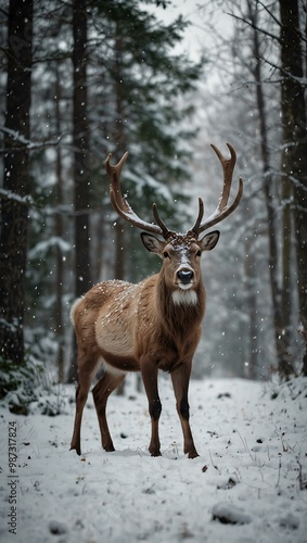 A graceful reindeer in a snowy forest with falling snowflakes.