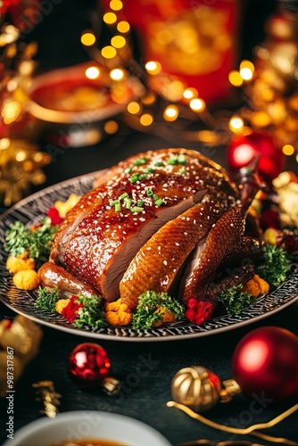 A platter of roast duck (Kao Ya) surrounded by Chinese New Year decorations, perfect for festive table settings and banners. photo