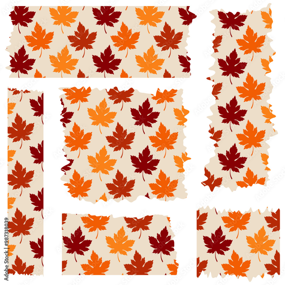 Set of colorful washi tapes with leaves pattern isolated on white. Tapes collection in vector. Pieces of decorative tape for albums. Beige and orange torn paper Set of colorful washi tapes with leaves pattern isolated on white. Tapes collection in vector. Pieces of decorative tape for albums. Beige and orange torn paper
