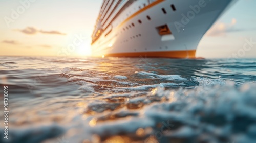 A modern cruise liner navigates the ocean waters as the sunset casts a warm glow over the scene, exemplifying contemporary travel experiences and coastal beauty. photo