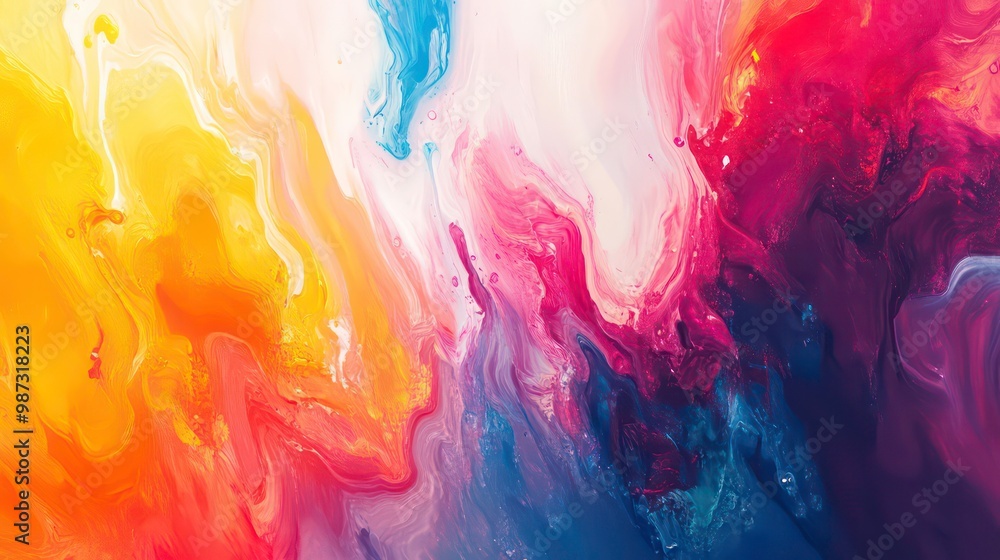 Fototapeta premium Abstract background of colorful liquid paint swirls with vibrant yellow, red, blue, and purple tones.