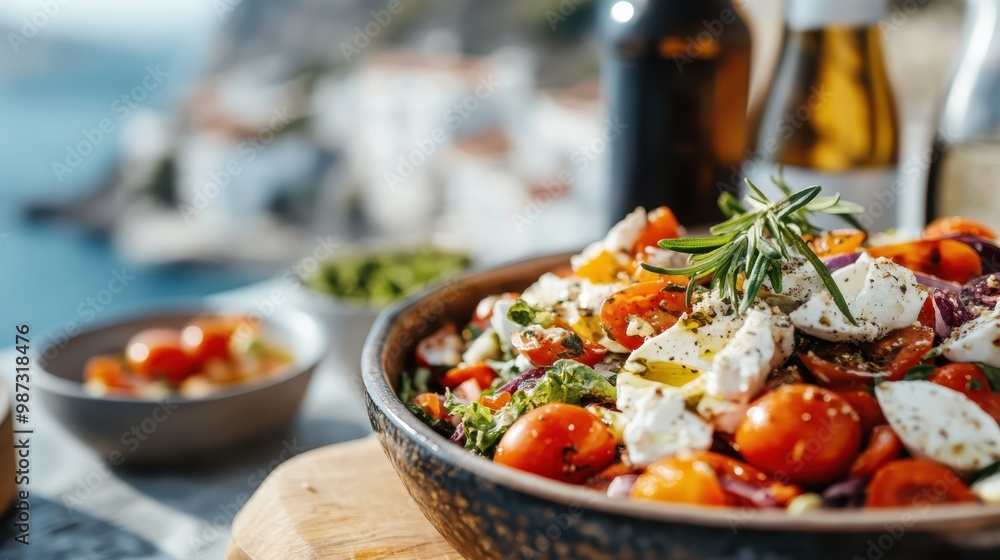 A vibrant and visually appealing bowl of Greek salad featuring fresh vegetables and herbs, set against a stunning scenic backdrop, reinforcing the concept of fresh and healthy meals. A vibrant and visually appealing bowl of Greek salad featuring fresh vegetables and herbs, set against a stunning scenic backdrop, reinforcing the concept of fresh and healthy meals.