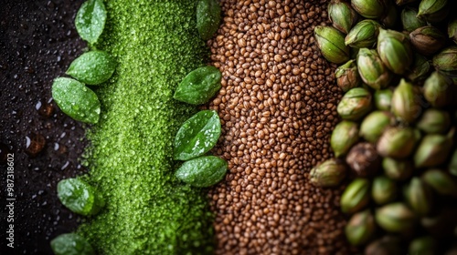 The photograph presents leafy greens and different grains linearly arranged, accentuating the natural textures and colors to capture an organic, fresh sense. photo