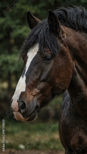 A horse with a black mane and white face.