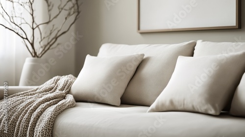 A cozy couch adorned with soft pillows and a knitted blanket, creating a warm, inviting space perfect for relaxation, complemented by a simple vase with branches in the background.