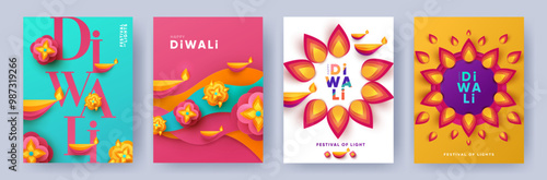 Happy Diwali Hindu festival modern design set in paper cut style with oil lamps on colorful waves and beautiful flowers of lights. Holiday background for branding, card, banner, cover, flyer or poster