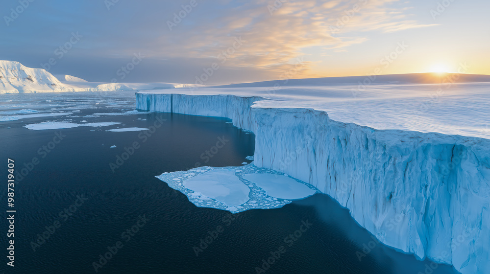 The sun shines behind a melting Arctic glacier. Because the temperature of the world is getting hotter every day. The sun shines behind a melting Arctic glacier. Because the temperature of the world is getting hotter every day.