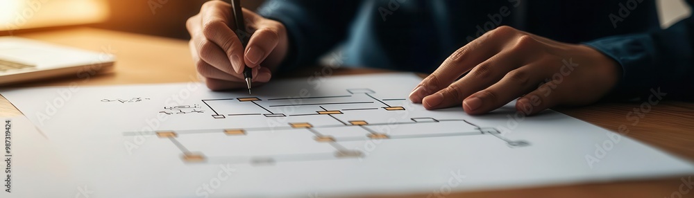 Closeup of hands writing on an operational flowchart Closeup of hands writing on an operational flowchart
