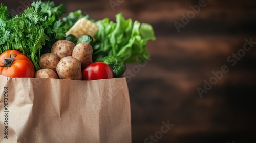 A paper bag brimming with fresh vegetables, including potatoes, tomatoes, lettuce, and parsley, set against a dark background, symbolizing health, sustainability, and farm-to-table movement. photo