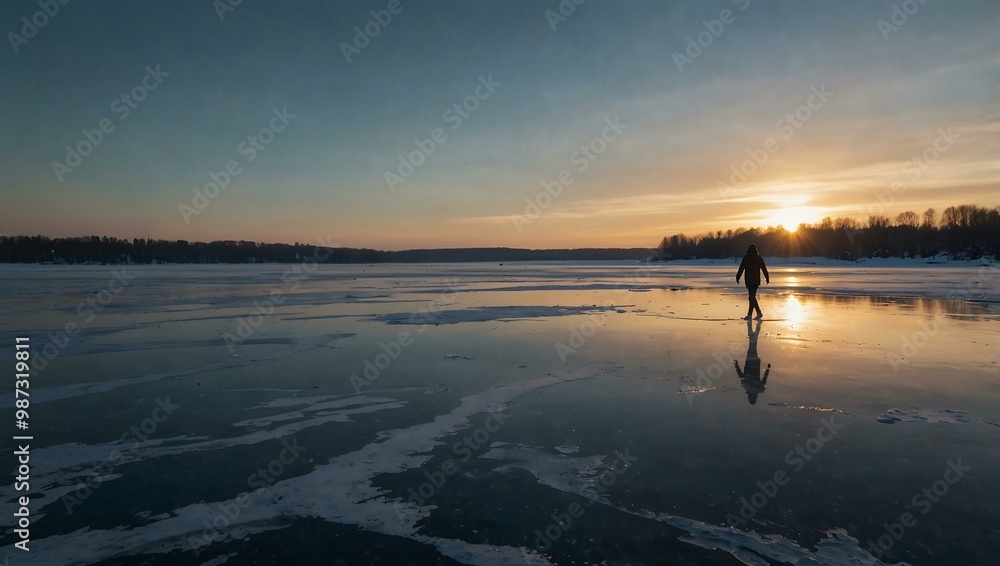 A lone figure skating on a frozen lake. A lone figure skating on a frozen lake.