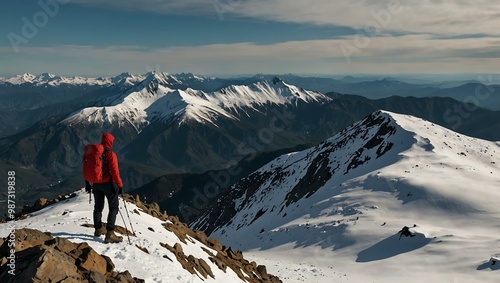 A lone hiker on a mountain peak gazing at a snow-capped view.