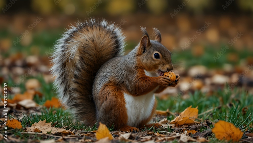 A lovely squirrel with a fluffy tail sits in an autumn park, nibbling a nut. A lovely squirrel with a fluffy tail sits in an autumn park, nibbling a nut.