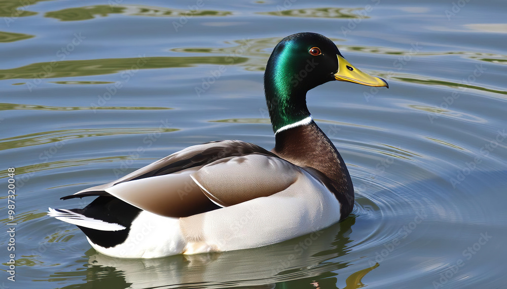 Fototapeta premium Duck with Reflections Swimming in a Pond