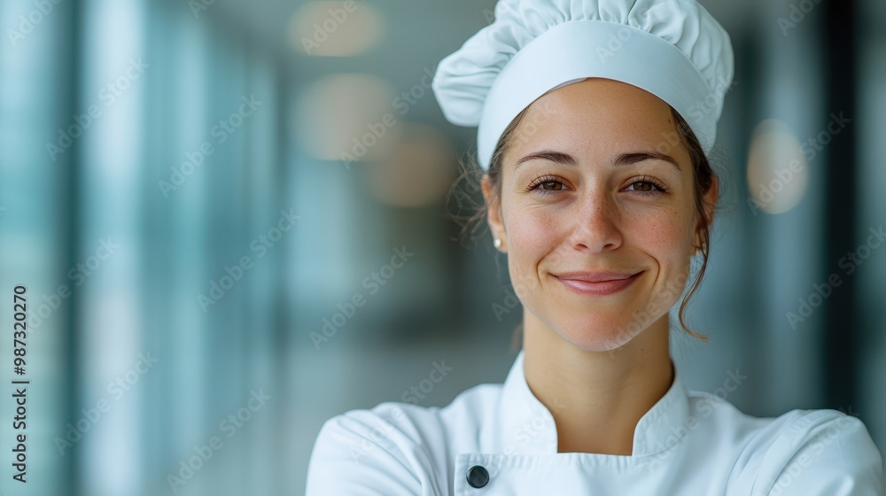 A smiling chef in white attire, complete with a chef's hat, represents culinary expertise and joy, standing in a professional kitchen environment. A smiling chef in white attire, complete with a chef's hat, represents culinary expertise and joy, standing in a professional kitchen environment.