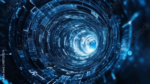 Fototapeta Naklejka Na Ścianę i Meble -  Abstract blue and white glowing lines forming a digital tunnel with a bright light at the end.