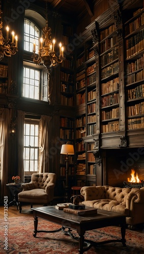 A majestic castle library filled with classic literature.