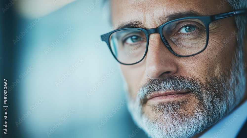 A mature man with glasses is captured in profile, deep in thought, reflecting contemplation and depth against a blurred background inducing introspection. A mature man with glasses is captured in profile, deep in thought, reflecting contemplation and depth against a blurred background inducing introspection.