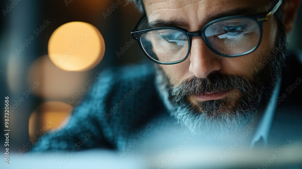A man wearing glasses reads attentively under soft lighting, demonstrating focus and intellect, within a modern setting that emphasizes concentration and study. A man wearing glasses reads attentively under soft lighting, demonstrating focus and intellect, within a modern setting that emphasizes concentration and study.