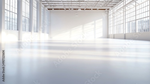 Large empty industrial space with ample natural light from windows, white isolated background