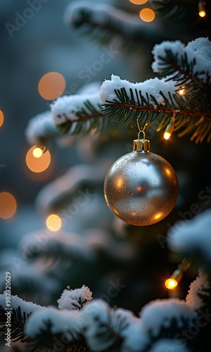 A golden ornament dangles from a snow-laden pine branch, illuminated by soft, warm lights in the backdrop of a cozy winter setting - Generative AI