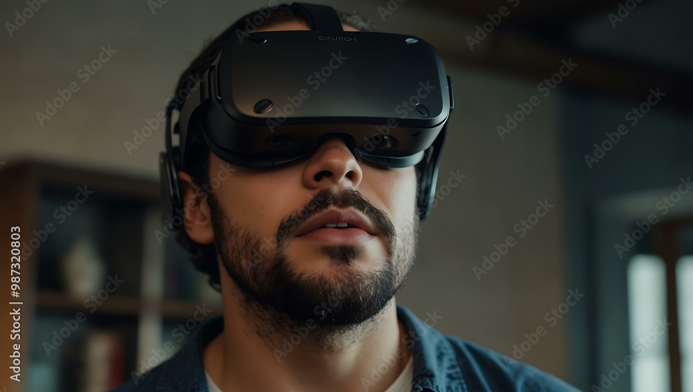 A man wearing a VR headset, immersed in augmented reality. A man wearing a VR headset, immersed in augmented reality.