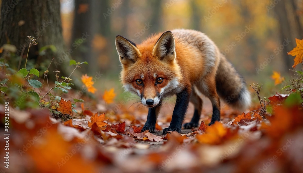 Red Fox Walking Through Autumn Leaves in Forest Red Fox Walking Through Autumn Leaves in Forest