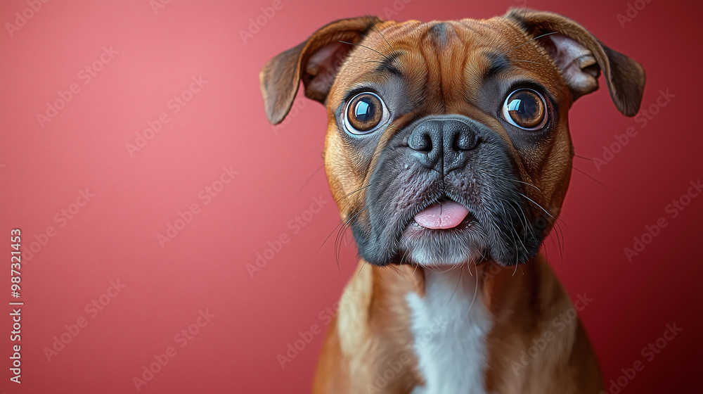 A close-up of a boxer dog with wide eyes and a slightly open mouth, against a red background A close-up of a boxer dog with wide eyes and a slightly open mouth, against a red background