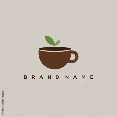 coffee or tea cup and leaves vector logo