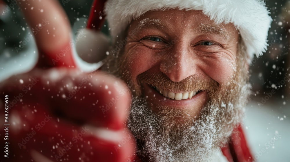 A joyful man with a bushy beard wearing a Santa hat, smiling broadly and giving a thumbs up amid falling snowflakes, embodying festive cheer and warmth. A joyful man with a bushy beard wearing a Santa hat, smiling broadly and giving a thumbs up amid falling snowflakes, embodying festive cheer and warmth.