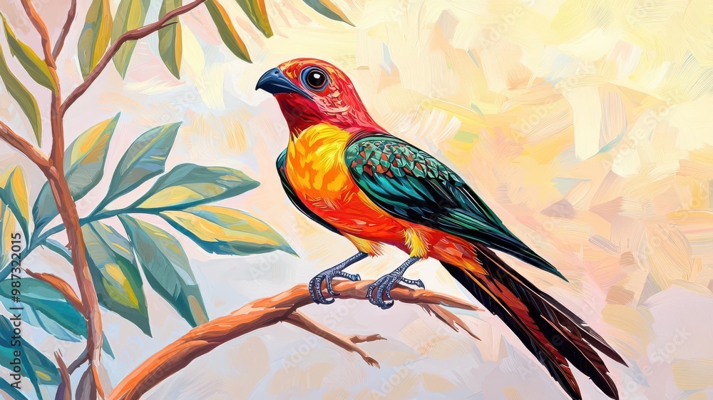 Fototapeta premium Primitive bird species evolving from dinosaurs, oil painting style, warm color palette, feather details highlighted by soft light